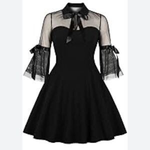 Black Gothic Dress with Sheer Sleeves and Bow Side Zip Pockets Size Small